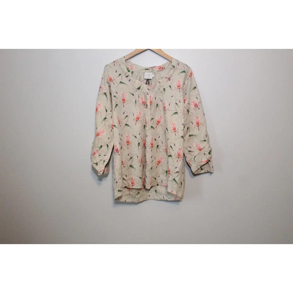 ✨2/$20 HD in Paris Anthropologie Ramie Bell Sleeve Floral Top Size 2 Boho Chic - Picture 7 of 8